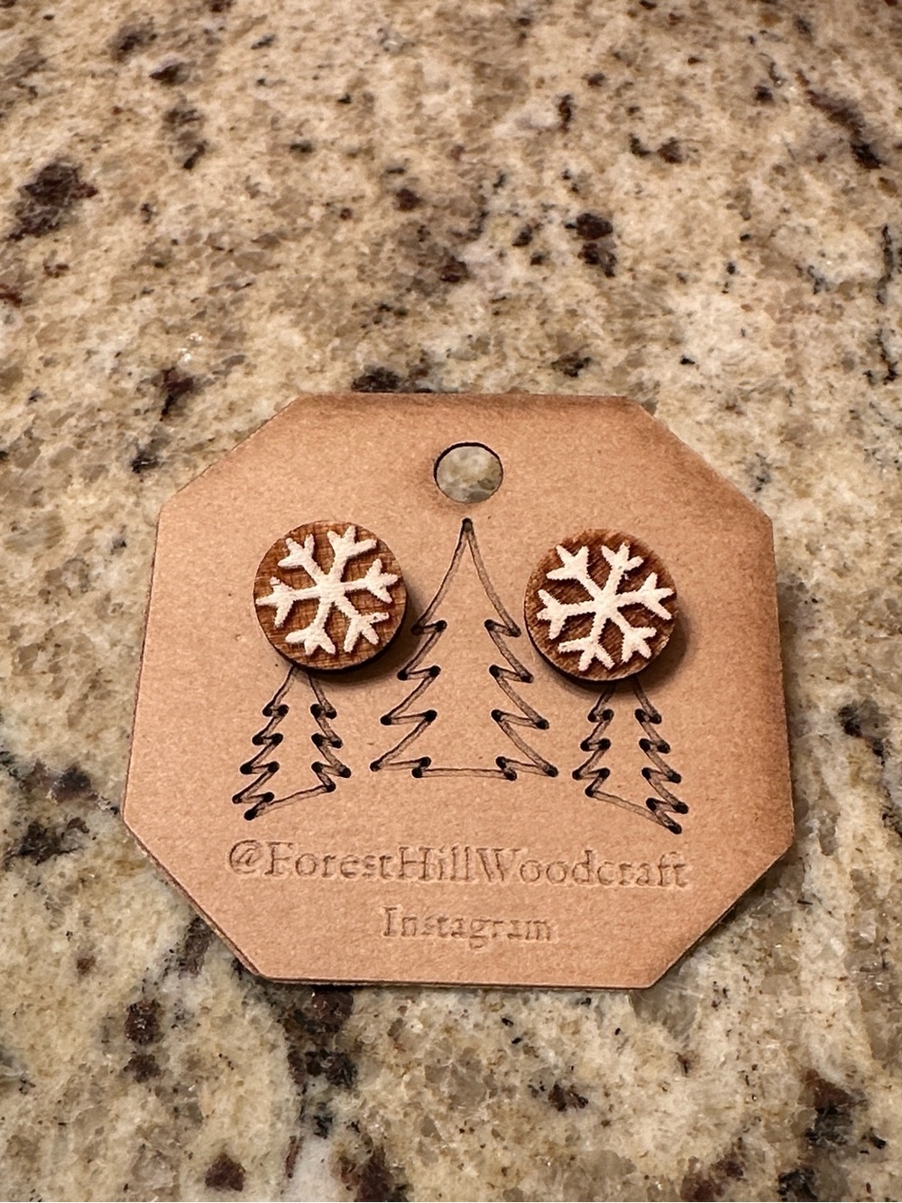 Wooden Snowflake Stud Earrings - Brown